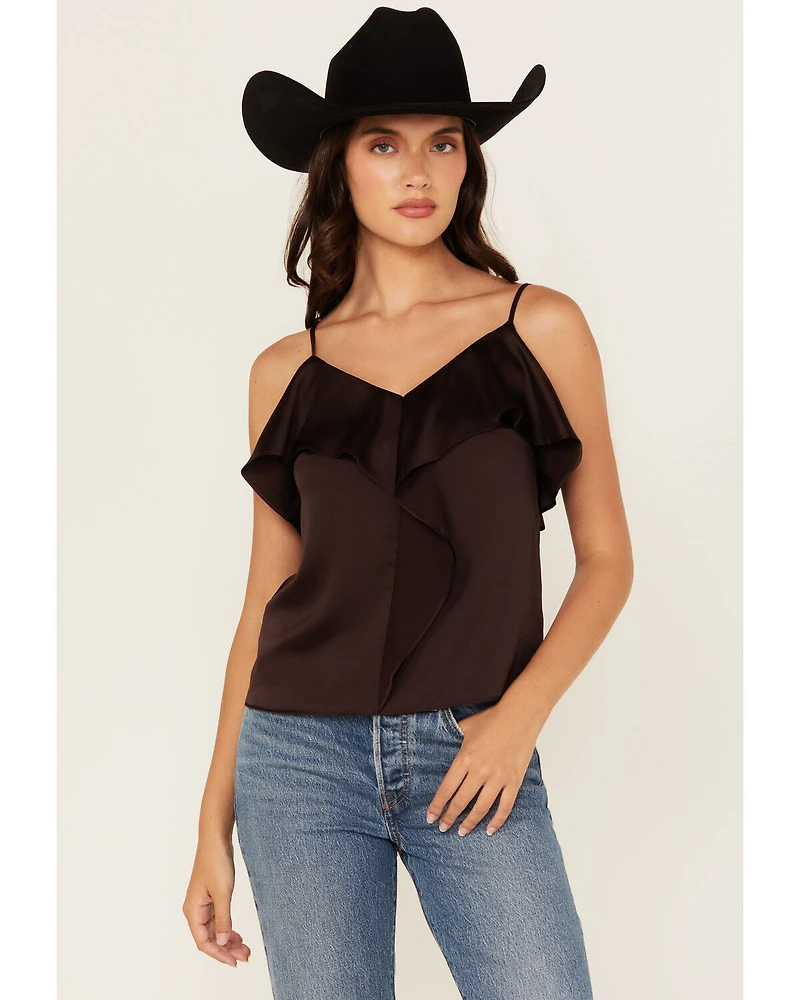 Shyanne Women's Solid Satin Ruffle Front Tank Top