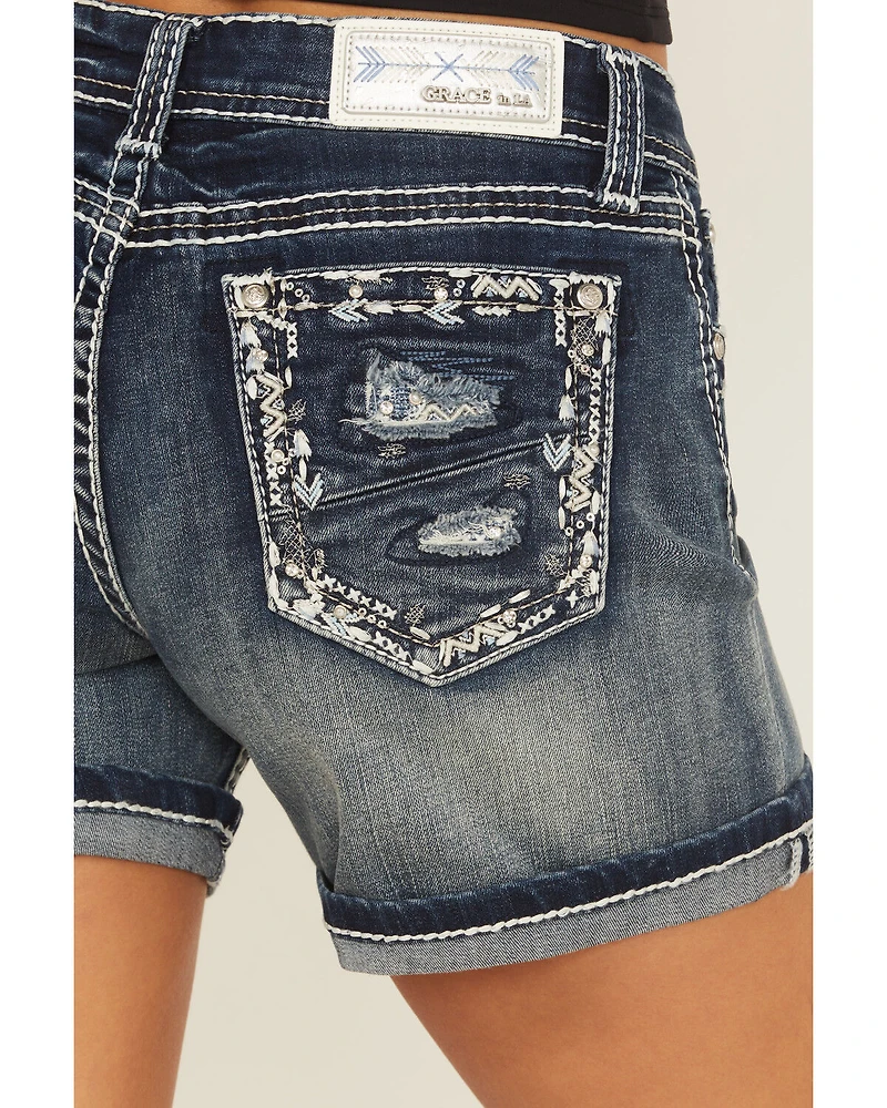 Grace LA Women's Medium Wash Mid Rise Embroidered Stretch Denim Shorts