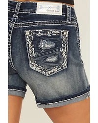 Grace LA Women's Medium Wash Mid Rise Embroidered Stretch Denim Shorts