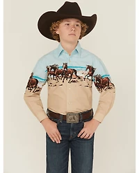 Panhandle Slim Boys' Horses And Beach Border Long Sleeve Snap Western Shirt