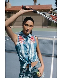 Idyllwind Women's Plaid Print Embroidered Front Sleeveless Snap Western Shirt