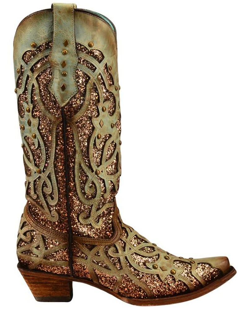 Corral Women's Mint Glitter Inlay Western Boots - Snip Toe