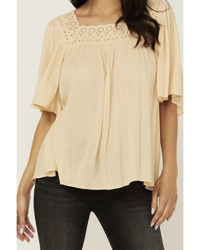 Band Of The Free Women's Solid Short Sleeve Ruffle Blouse