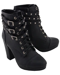 Milwaukee Leather Women's Studded Buckle Strap Laced Boots - Round Toe