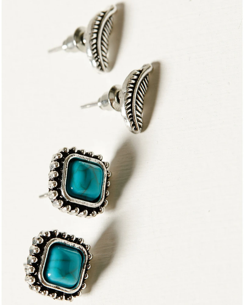 Shyanne Women's Feathers and Turquoise-Toned Earring Set - 3 Piece
