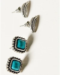 Shyanne Women's Feathers and Turquoise-Toned Earring Set - 3 Piece