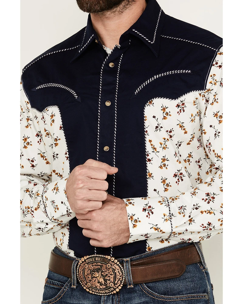 Wrangler Men's Rodeo Ben Color Block Floral Print Long Sleeve Pearl Snap Western Shirt