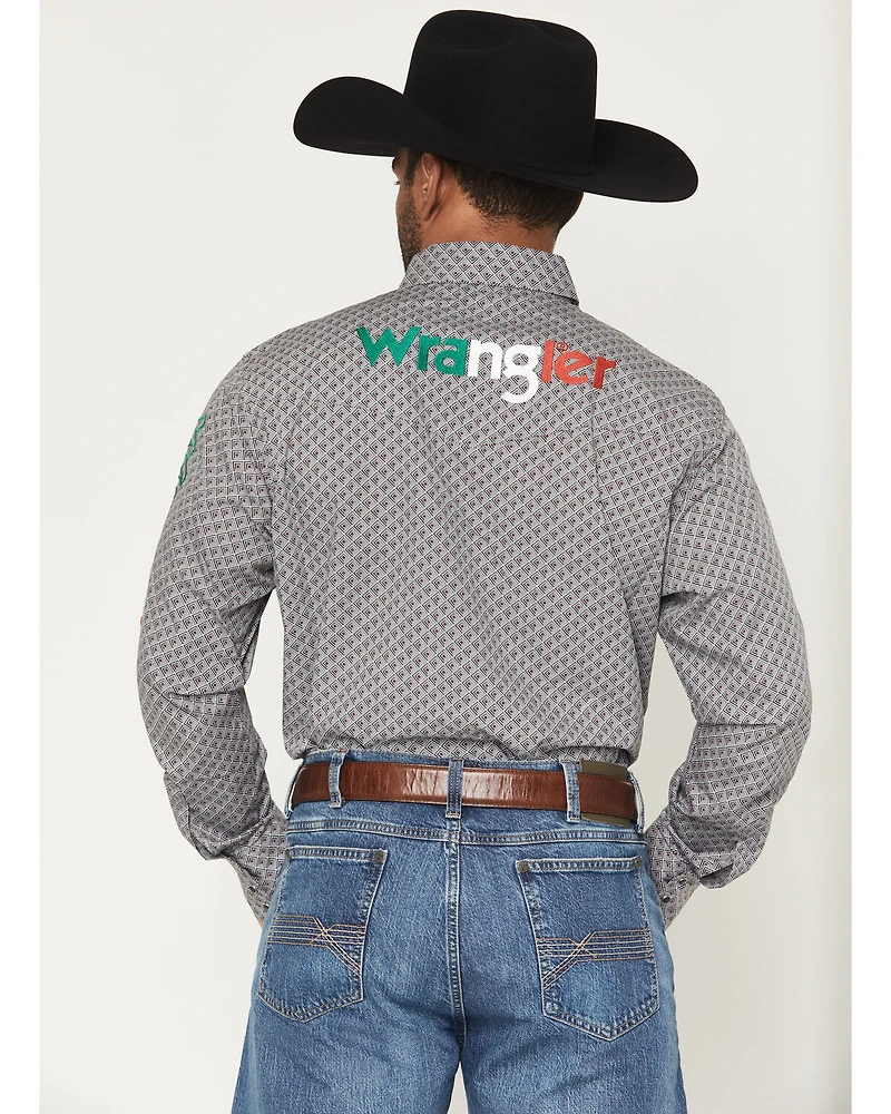 Wrangler Men's Mexico Logo Geo Print Long Sleeve Snap Western Shirt
