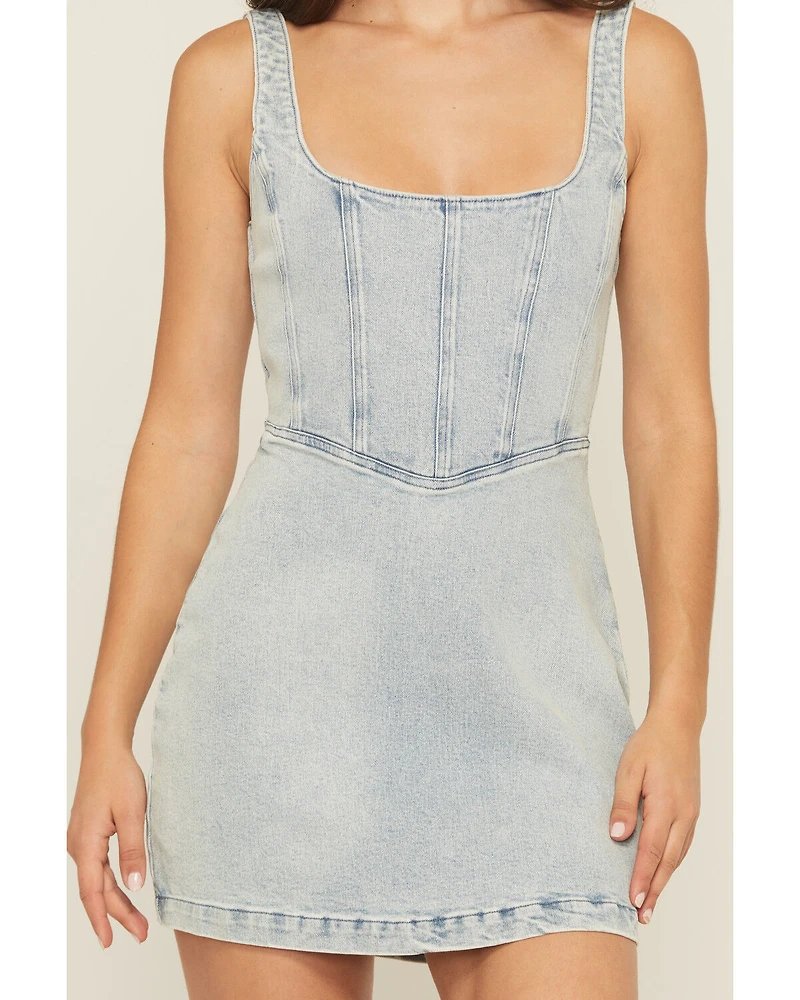 Show Me Your Mumu Women's Light Wash Corset Sleeveless Denim Mini Dress