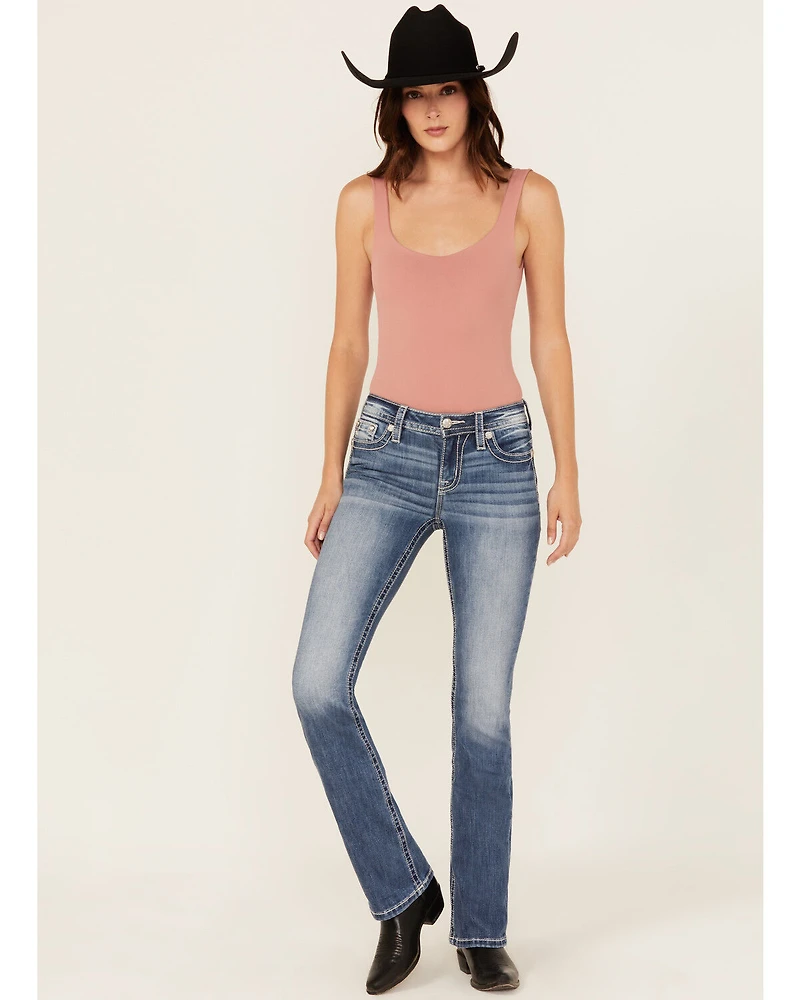 Miss Me Women's Medium Wash Mid Rise Horseshoe Pocket 34" Bootcut Stretch Denim Jeans