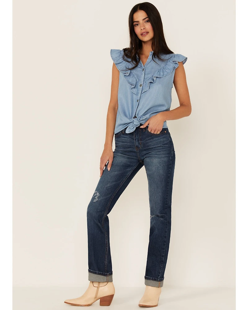 Tasha Polizzi Women's Chambray Ruffle Sleeveless Shirt