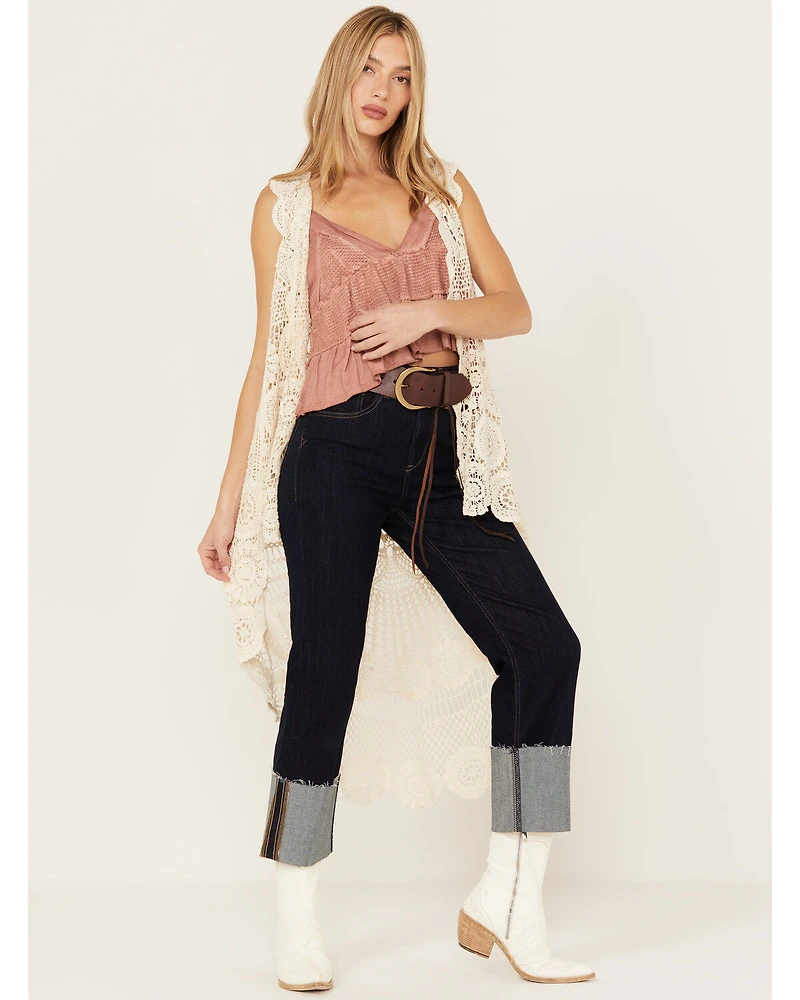 En Creme Floral Crochet High-Low Vest