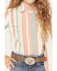Wrangler Girls' Striped Print Long Sleeve Snap Western Shirt