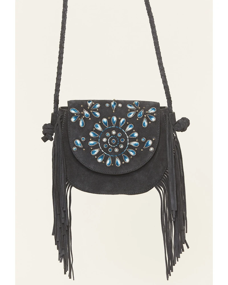 Shyanne Women's Belle Embroidered Fringe Suede Crossbody Bag