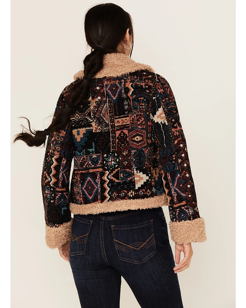 Shyanne Women's Tapestry Sherpa Lined Button-Down Cropped Jacket