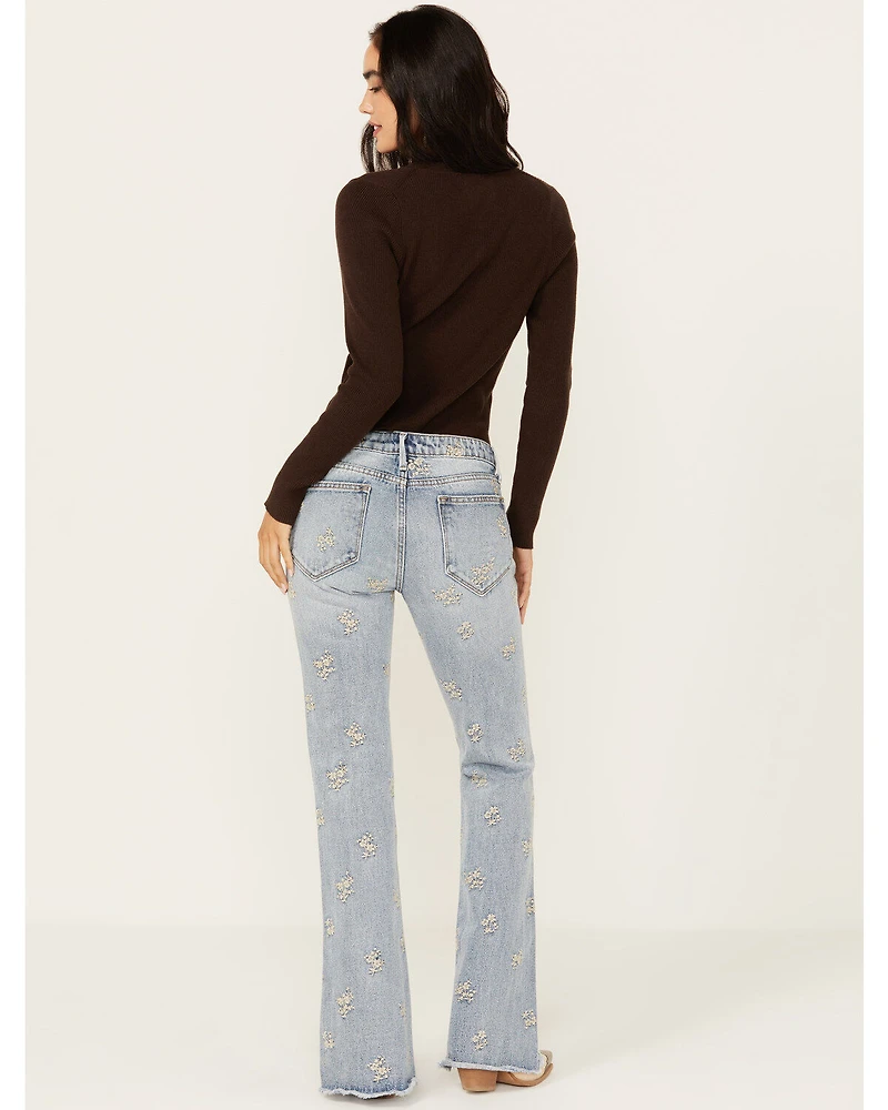 Driftwood Women's Eva Light Wash Low Rise Floral Flare Jeans