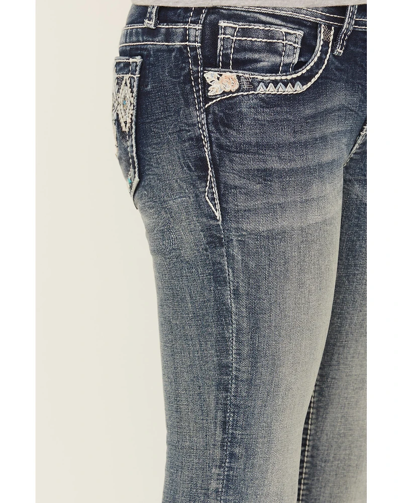 Grace LA Girls' Chevron Cactus Embroidered Bootcut Stretch Denim Jeans