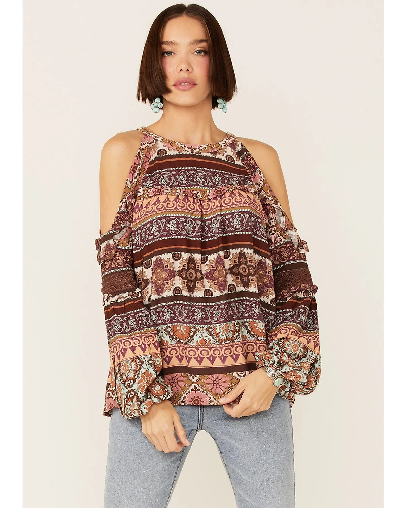 Miss Me Women's Vertical Print Cold Shoulder Bell Sleeve Woven Top