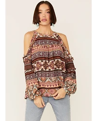Miss Me Women's Vertical Print Cold Shoulder Bell Sleeve Woven Top