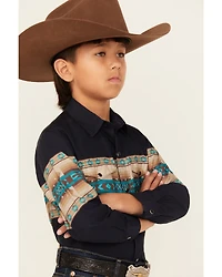Roper Boys' Southwestern Border Print Long Sleeve Pearl Snap Western Shirt