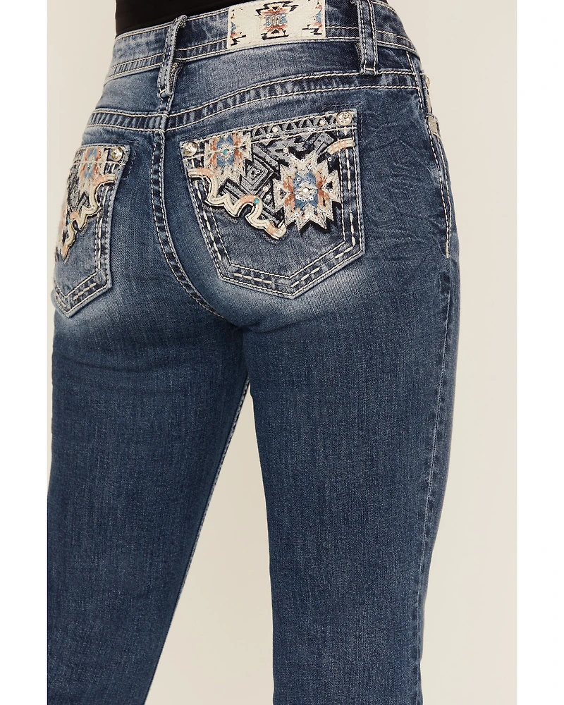 Miss Me Women's Medium Wash Mid Rise Geo Pocket 32" Bootcut Stretch Denim Jeans