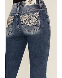 Miss Me Women's Medium Wash Mid Rise Geo Pocket 32" Bootcut Stretch Denim Jeans