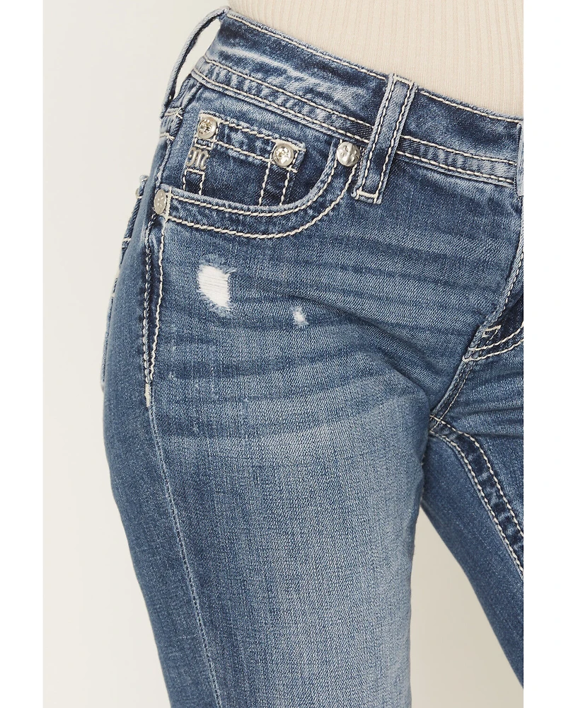 Miss Me Women's Medium Wash Mid Rise Americana Pocket 34" Bootcut Stretch Denim Jeans