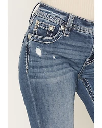 Miss Me Women's Medium Wash Mid Rise Americana Pocket 34" Bootcut Stretch Denim Jeans