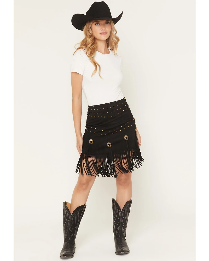 Fornia Women's Faux Suede Fringe Concho Mini Skirt