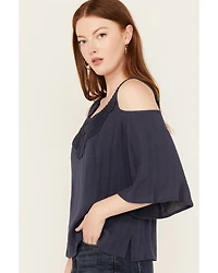 Shyanne Women's Solid Crochet Cold Shoulder Long Sleeve Shirt