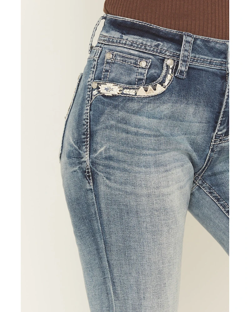 Grace LA Women's Medium Wash Mid Rise Geo Embroidered Bootcut Stretch Denim Jeans