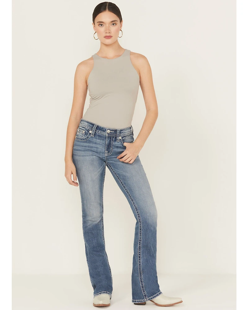 Miss Me Women's Medium Wash Mid Rise Butterfly Pocket 34" Bootcut Stretch Denim Jeans