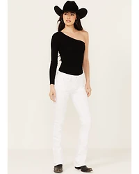 Grace LA Women's Fleur De Lis Pocket Mid Rise Bootcut Stretch Denim Jeans