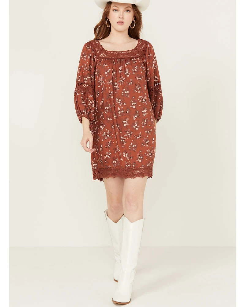 Angie Women's Floral Print Crochet Long Sleeve Mini Dress