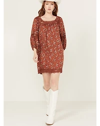 Angie Women's Floral Print Crochet Long Sleeve Mini Dress