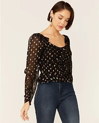 En Creme Women's Long Sleeve Foil Ruffle Blouse