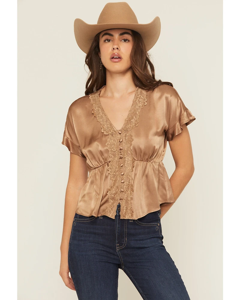 Shyanne Women's Satin Lace Trim Short Sleeve Button-Down Shirt