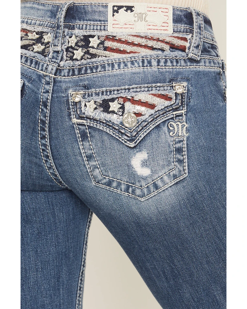 Miss Me Women's Medium Wash Mid Rise Americana Pocket 34" Bootcut Stretch Denim Jeans