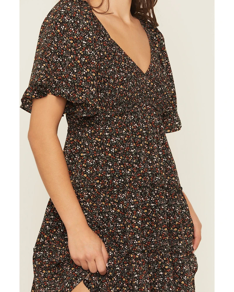 Yura Women's Floral Print Short Sleeve Smocked Mini Dress