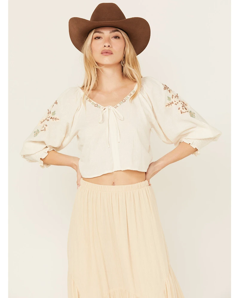 Shyanne Women's Embellished Tie Front Peasant Top