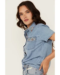 Blue B Women's Light Wash Rhinestone Short Sleeve Button-Down Denim Shirt