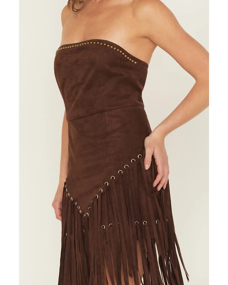 Blue B Women's Fringe Faux Suede Strapless Mini Dress