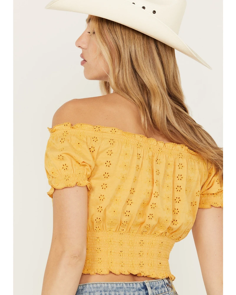 Cleo + Wolf Women's Knit Eyelet Smocked Crop Top