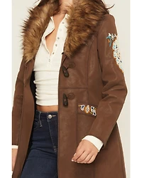 Shyanne Women's Faux Leather Fur Collar Embroidered Coat