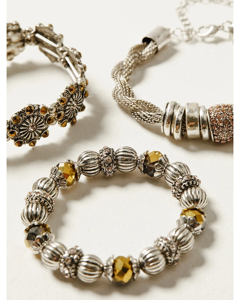 Shyanne Women's Champagne Chateau 3-Piece Silver Stretch Bracelet Set
