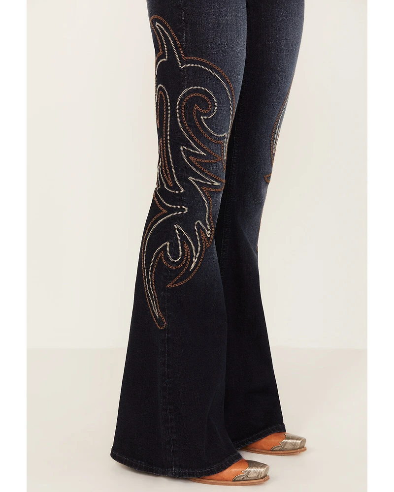 Shyanne Women's Dark Wash Mid Rise Embroidered Flare Jeans