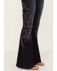 Shyanne Women's Dark Wash Mid Rise Embroidered Flare Jeans