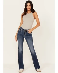 Miss Me Women's Dark Wash Mid Rise Winged Pocket 32" Bootcut Stretch Denim Jeans