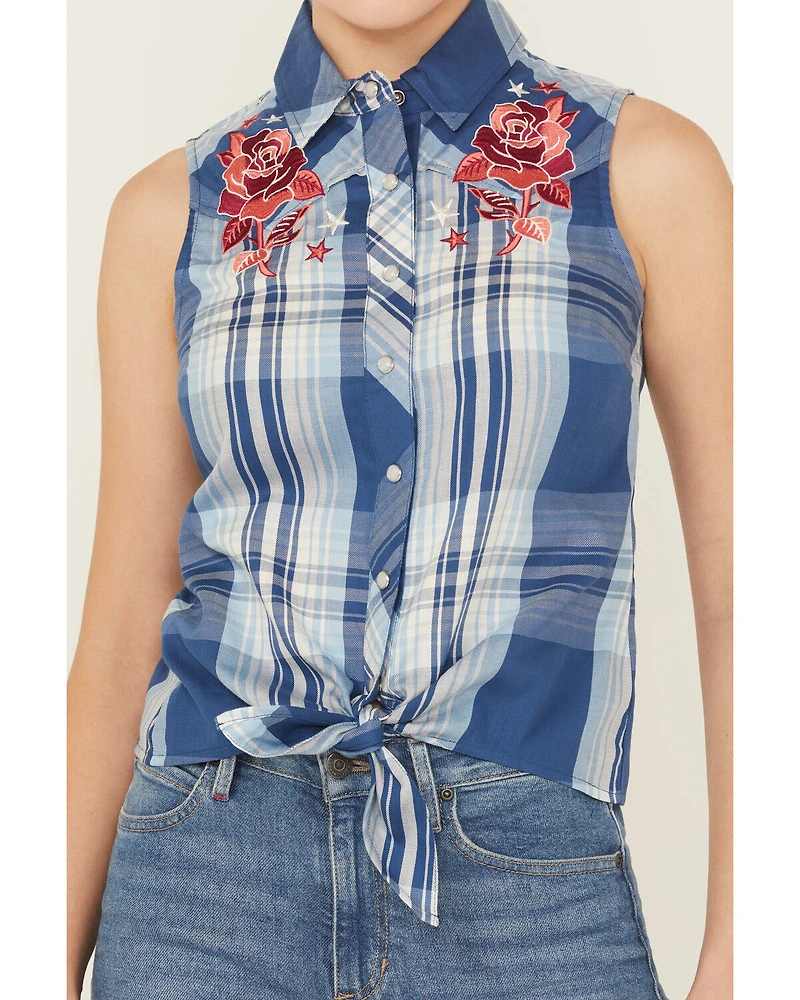 Idyllwind Women's Plaid Print Embroidered Front Sleeveless Snap Western Shirt