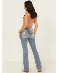 Miss Me Women's Dark Wash Mid Rise Floral Cross Pocket 32" Bootcut Stretch Denim Jeans